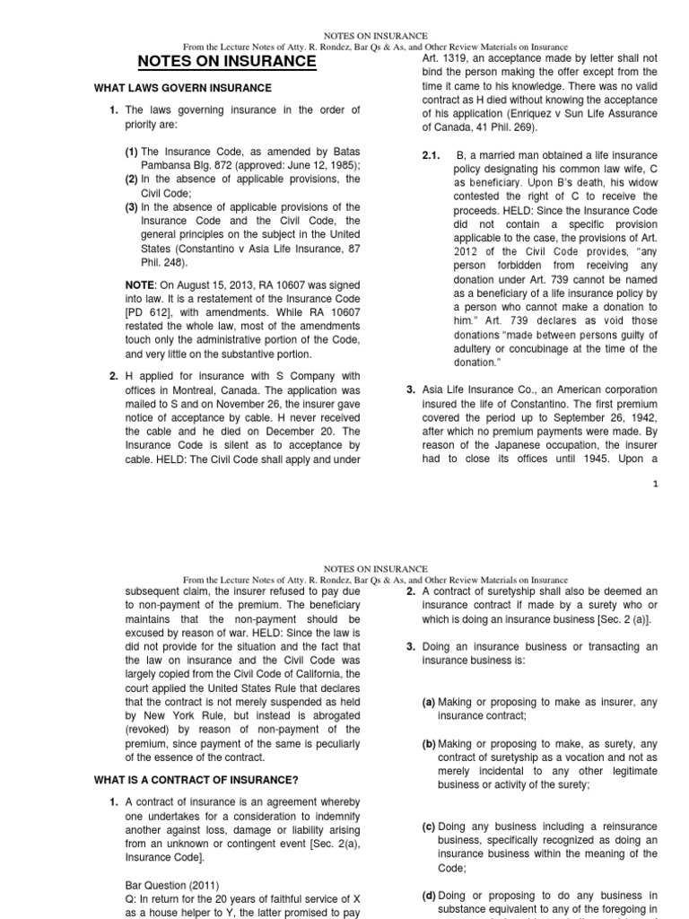 Atty. Rondez' Notes On Insurance | PDF | Insurance | Life Insurance
