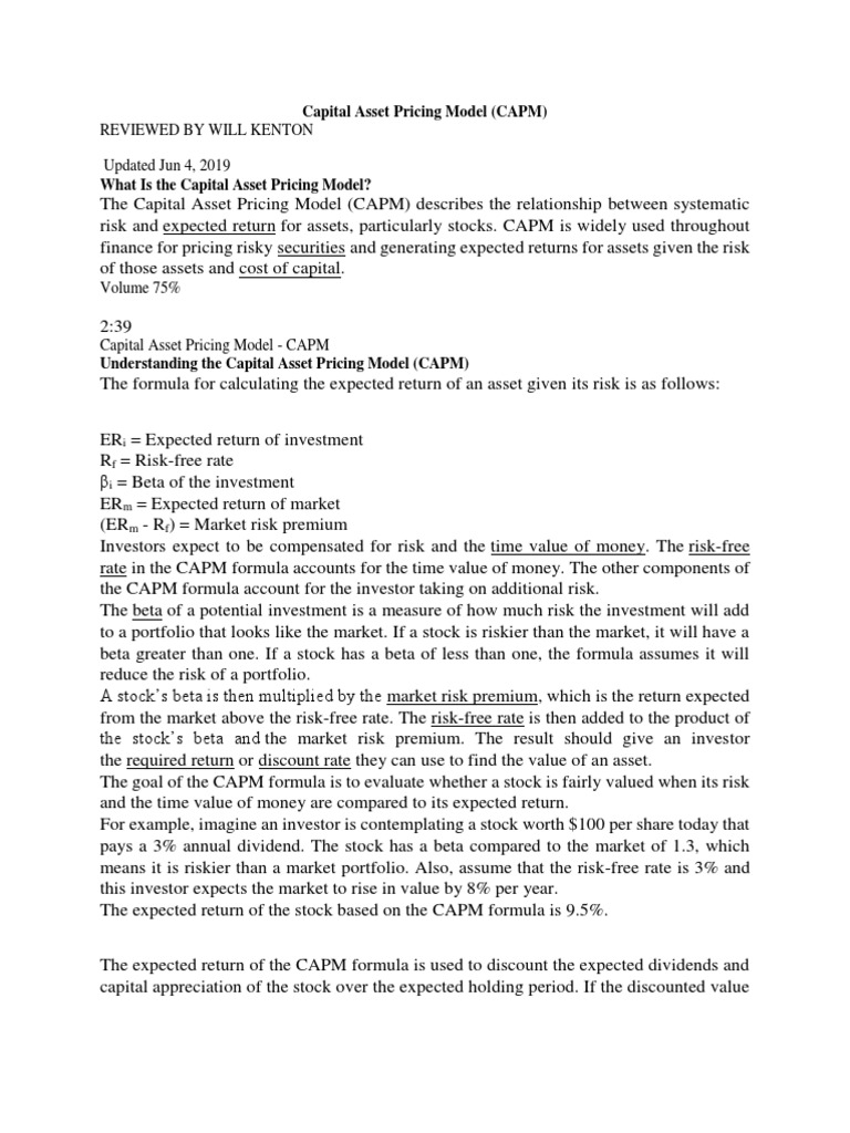 CAPM: Risk and Return Explained | PDF | Capital Asset Pricing Model ...
