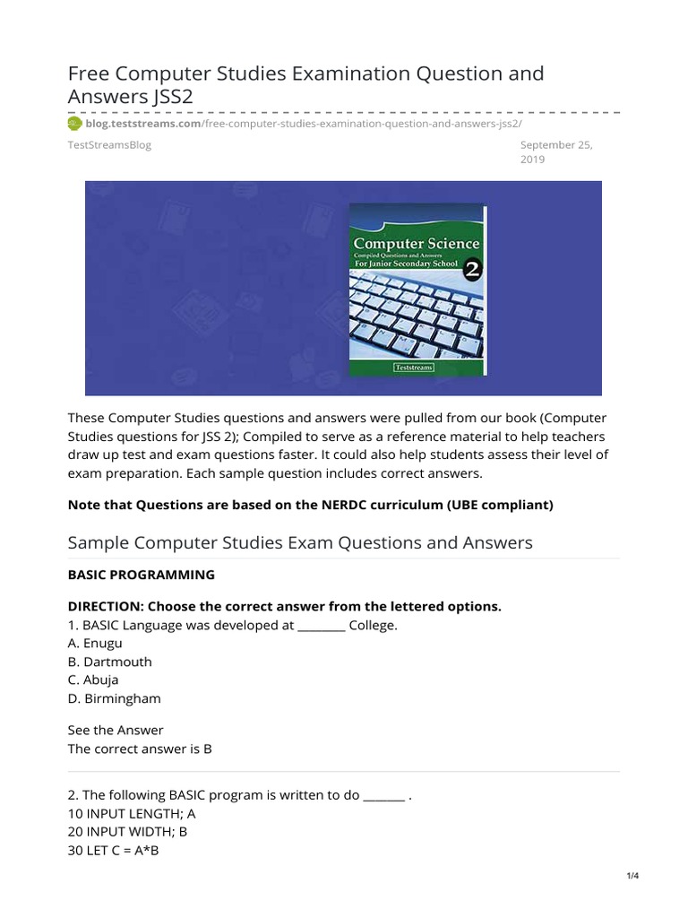 Free Computer Studies Examination Question and Answers JSS2 | PDF ...