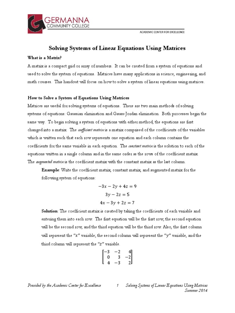 Solving Linear Equations with Matrices | PDF | System Of Linear ...