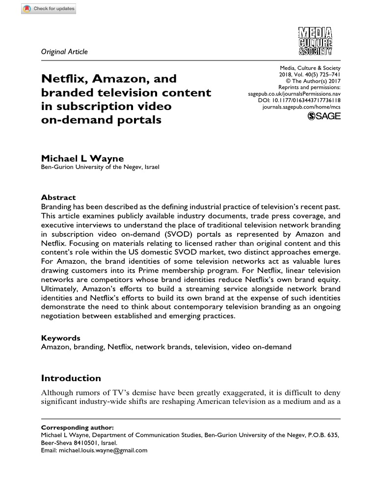 Netflix, Amazon, and Branded Television Content in Subscription Video On- Demand Portals PDF Netflix Pay Television