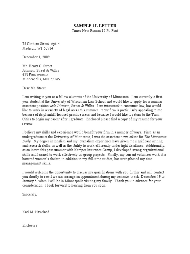 Sample 1L Letter: Daily. My Degree in English and My Journalism ...