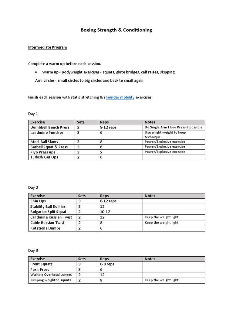Boxing Strength & Conditioning: Exercise Sets Reps Notes | PDF