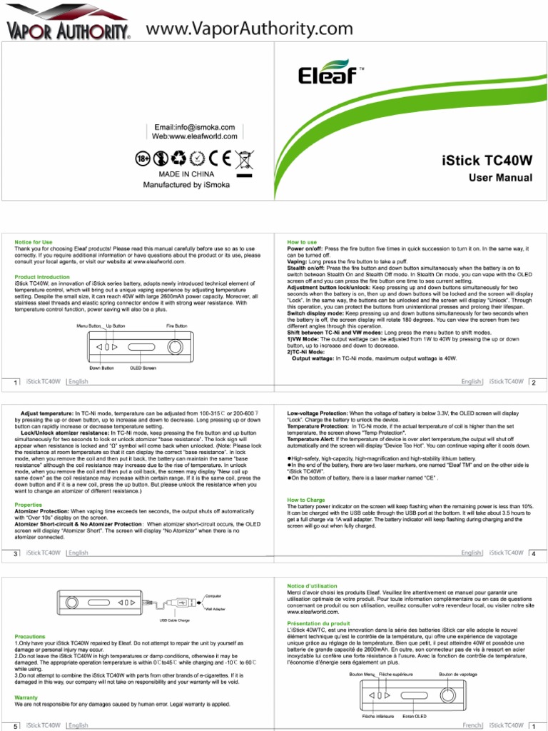 Eleaf Istick 40W User Manual | PDF