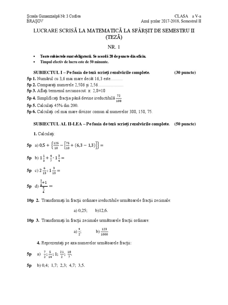 Lucrare Scrisă La Matematică La Sfarșit De Semestru Ii