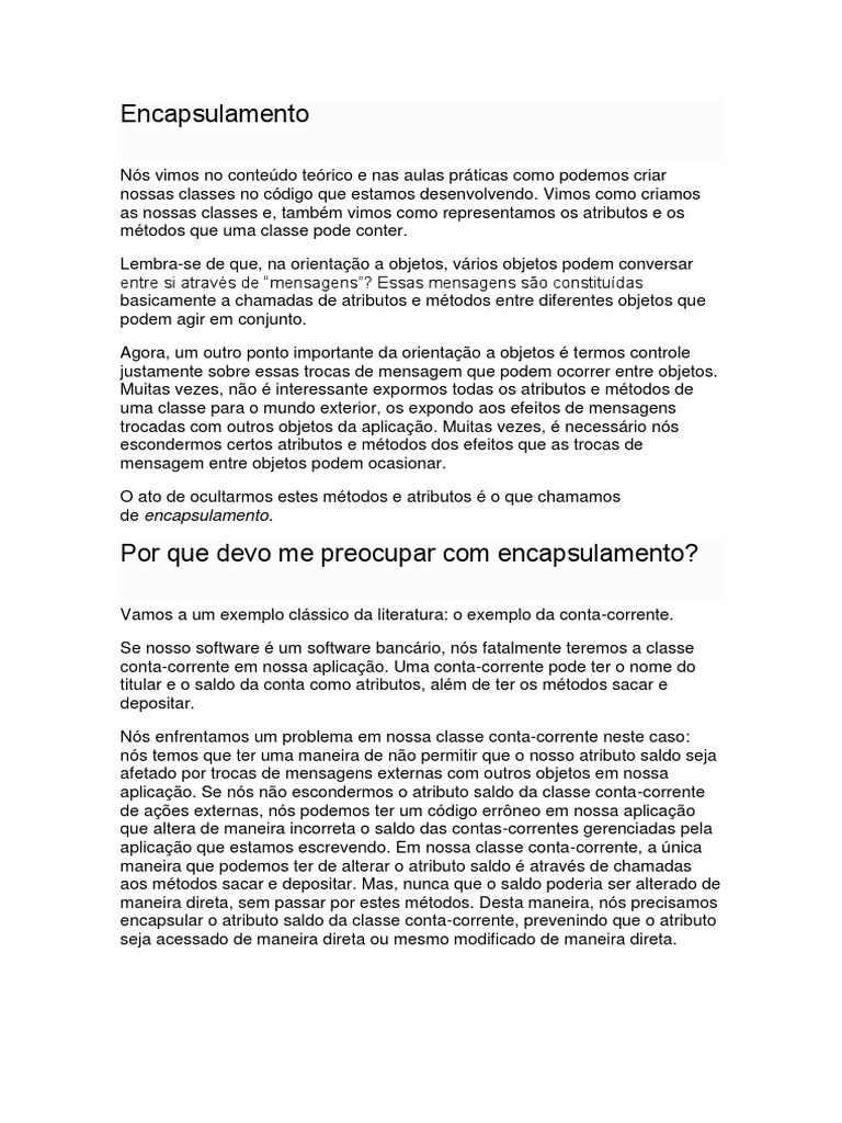 Entendendo Encapsulamento e Herança | PDF | Classe (programação de ...