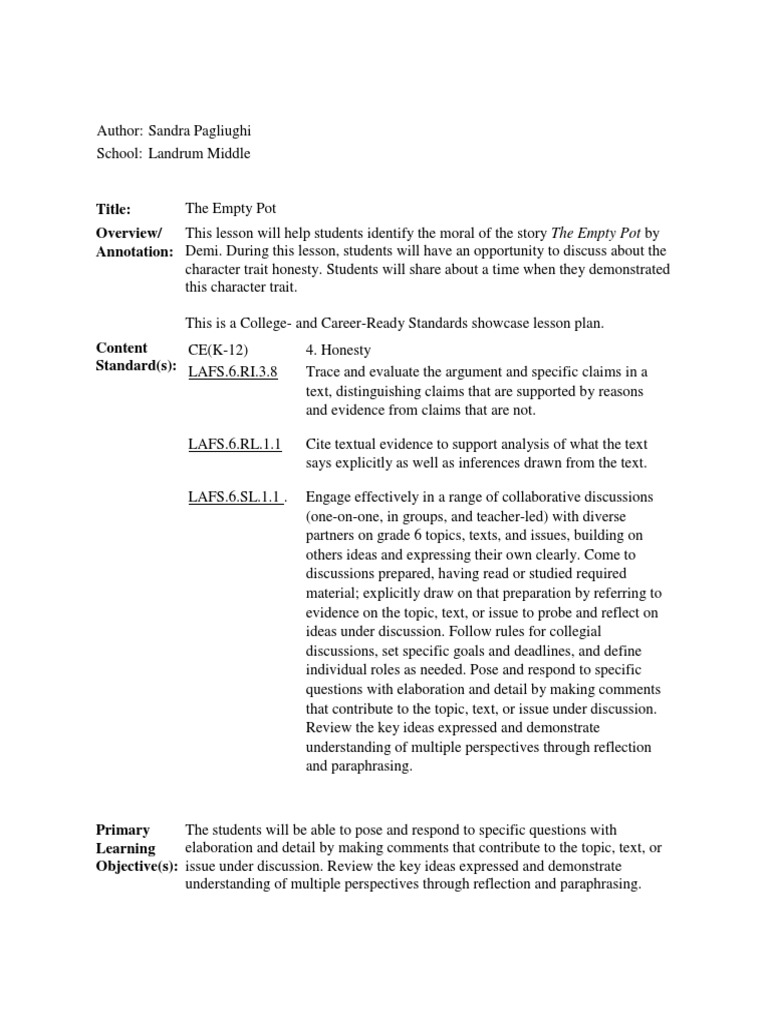 Honesty Lesson Plan: The Empty Pot | PDF | Critical Thinking | Cognition