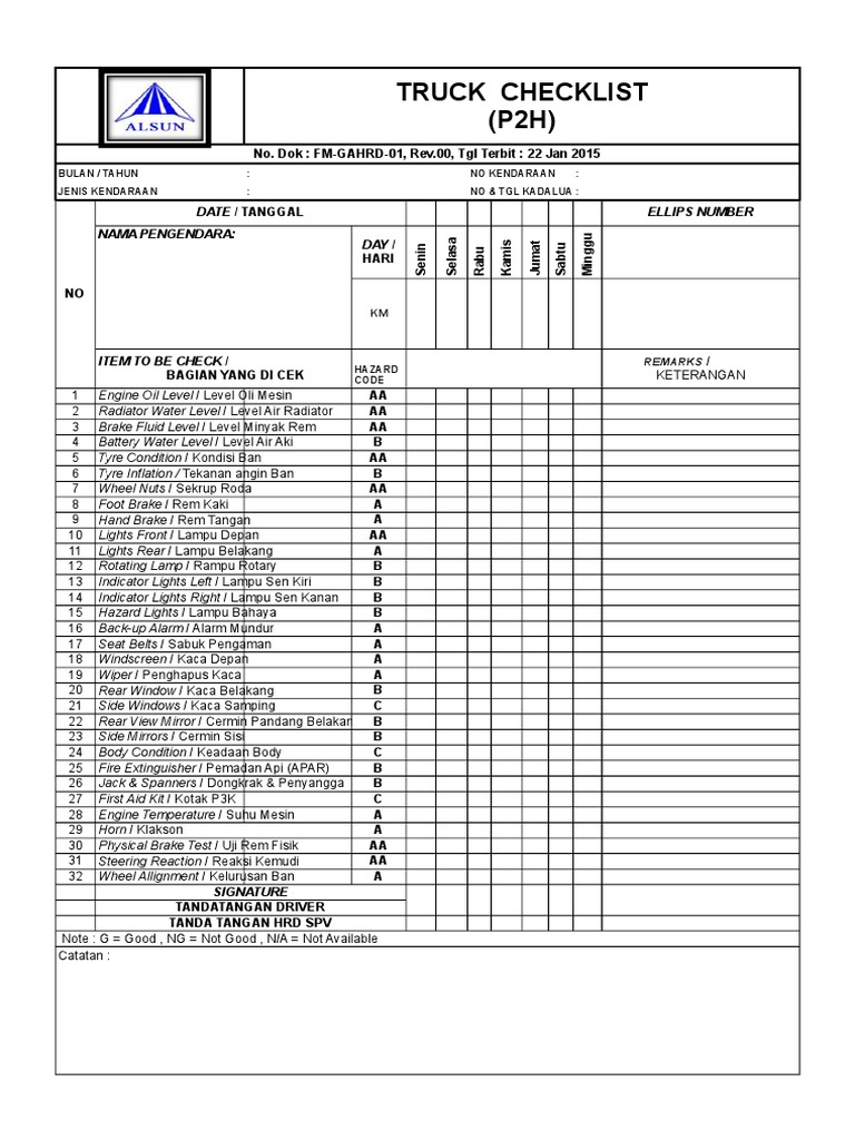 Daily Truck Inspection Checklist | PDF | Wheel | Land Vehicles