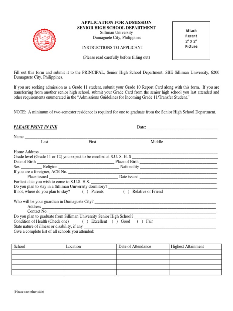 Silliman University Senior High Admission Form | PDF | Science ...