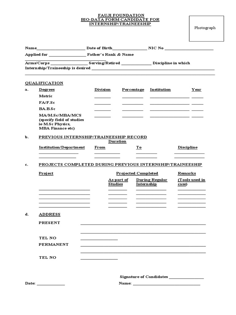 Fauji Foundation Internship Bio-Data Form | PDF | Academia | Titles