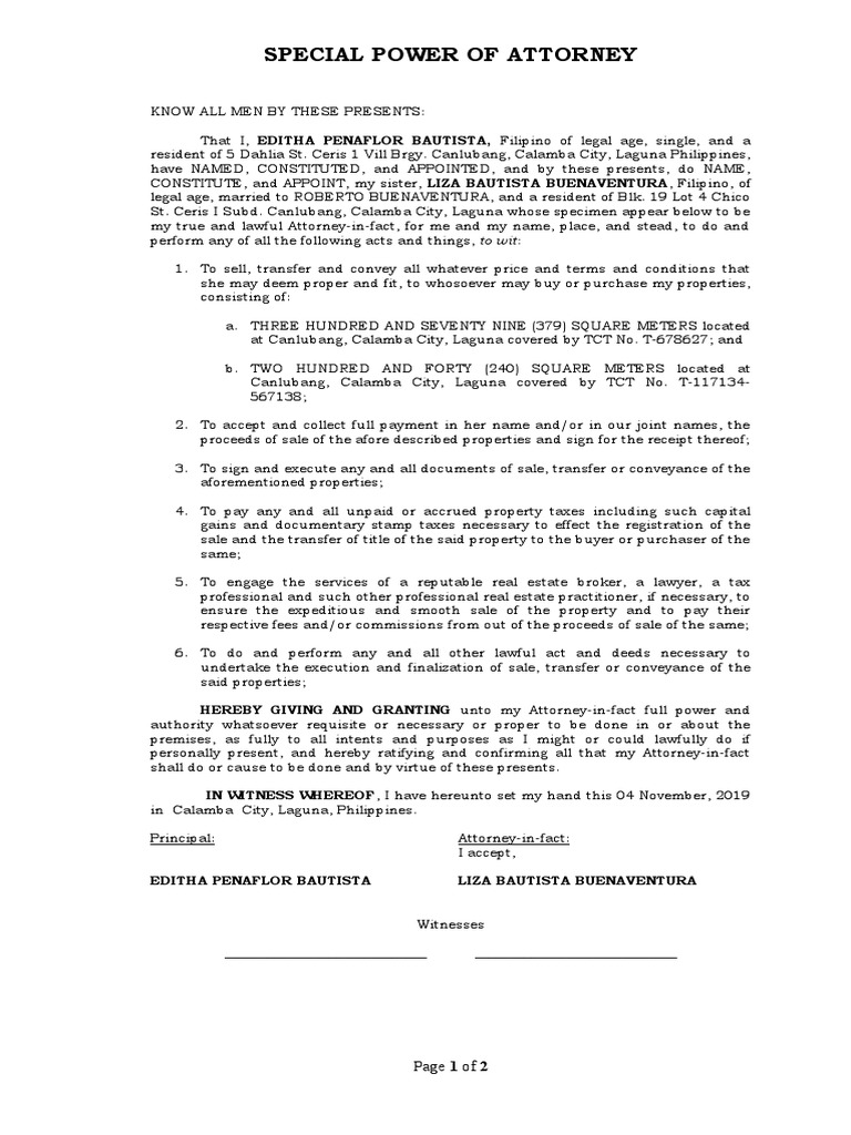 Special Power of Attorney HEREBY GIVING AND GRANTING Unto My Attorney