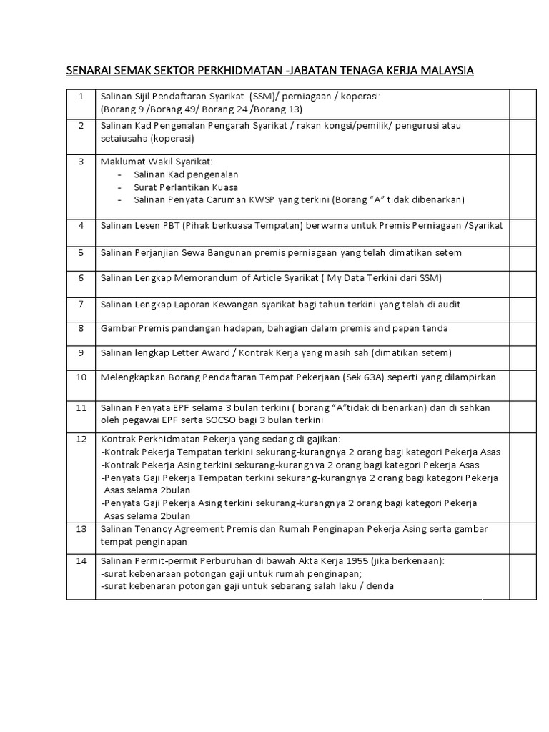Senarai Semak Sektor Perkhidmatan Jabatan Tenaga Kerja Malaysia