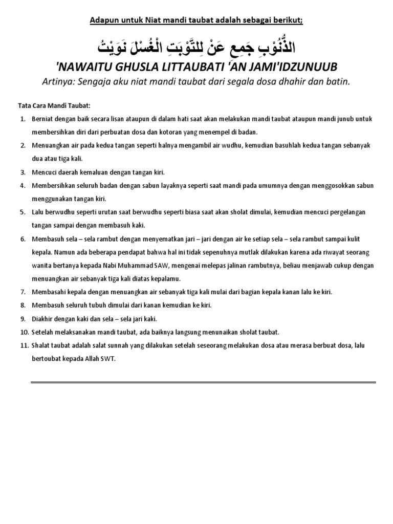 Adapun Untuk Niat Mandi Taubat Adalah Sebagai Berikut