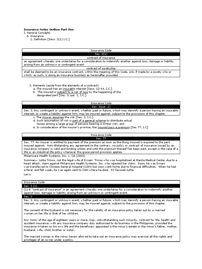 Insurance Notes Outline Part One Insurance Offer And Acceptance