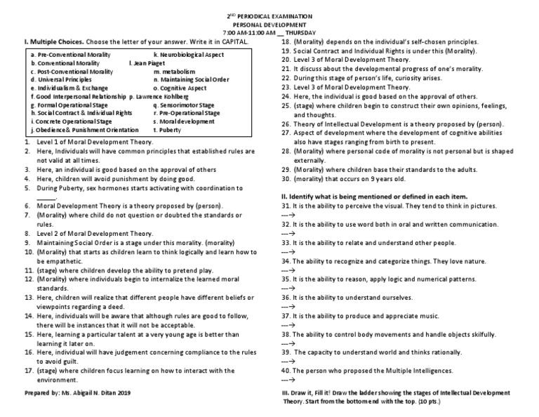 Personal Development Exam Guide | PDF | Morality | Psychology
