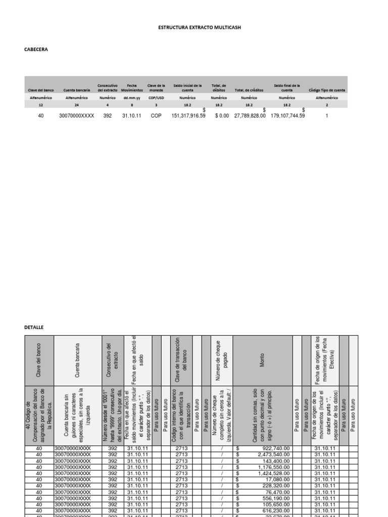 Estructura - Extracto Multicash | PDF | Cheque | Bancos