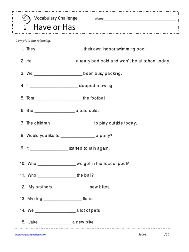 Have or Has Worksheet 1 PDF PDF