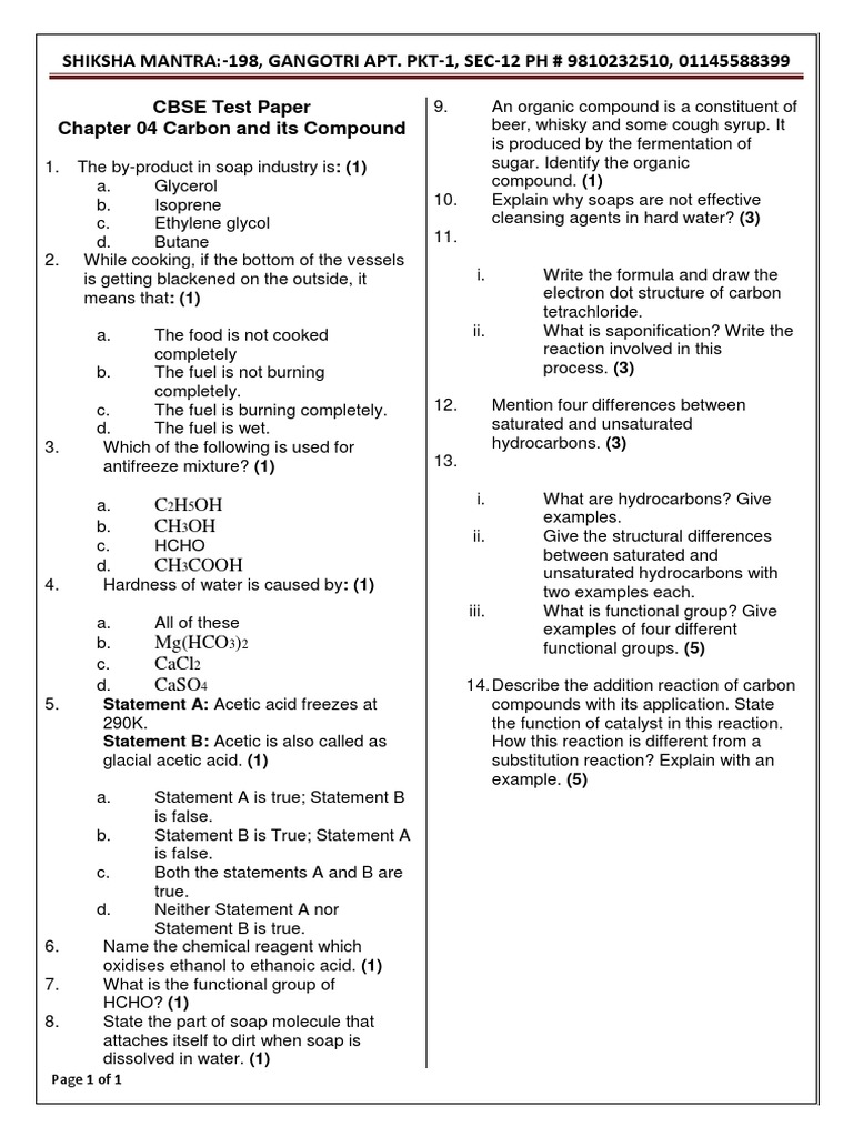 Test Paper - Carbon and Its Compounds | PDF | Acetic Acid | Ethanol