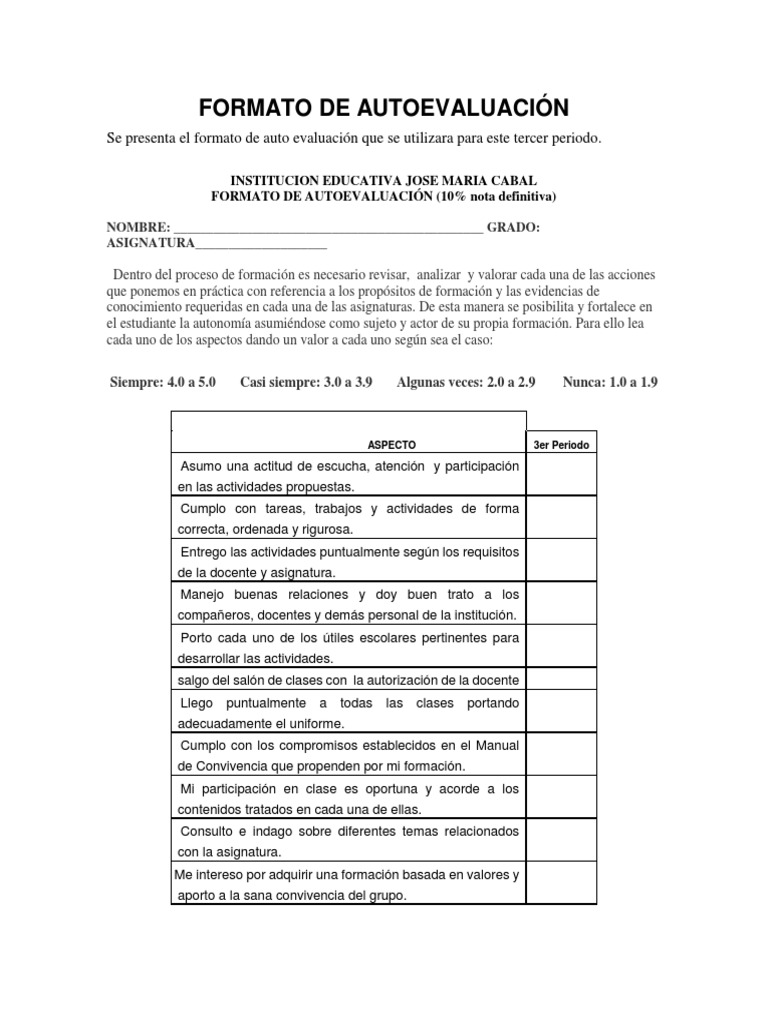 Formato de Autoevaluación | PDF | Crecimiento personal y profesional ...