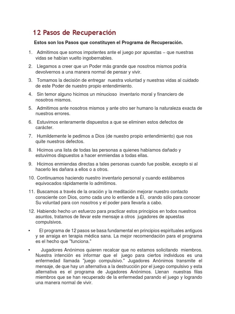12 Pasos De Recuperacion Jugadores Anonimos Docx Problemas De Juego Ciencias Del Comportamiento