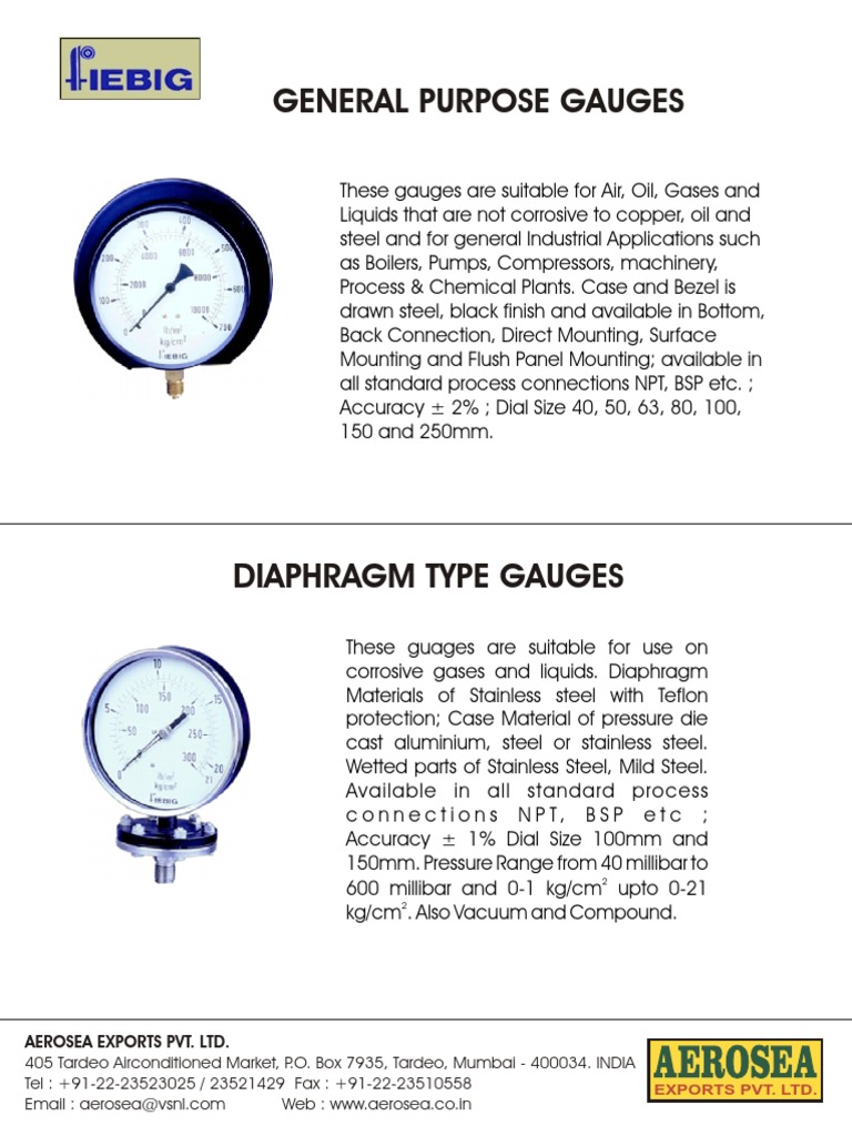 Fiebig Pressure Gauge Complete Catalogue PDF Pressure Measurement