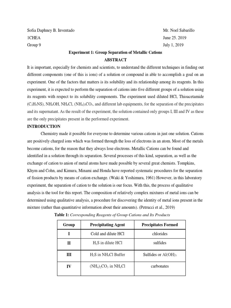 Separation of Metallic Cations Experiment | PDF | Precipitation ...