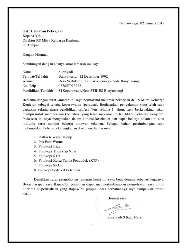 Contoh Surat Lamaran Kerja Rs Mitra Keluarga Contoh Lif Co Id