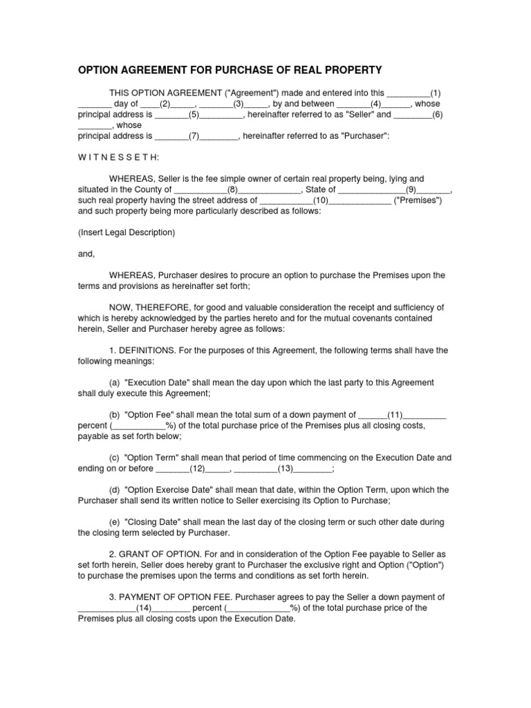 Real Estate Purchase Option Agreement | PDF | Contractual Term | Option ...