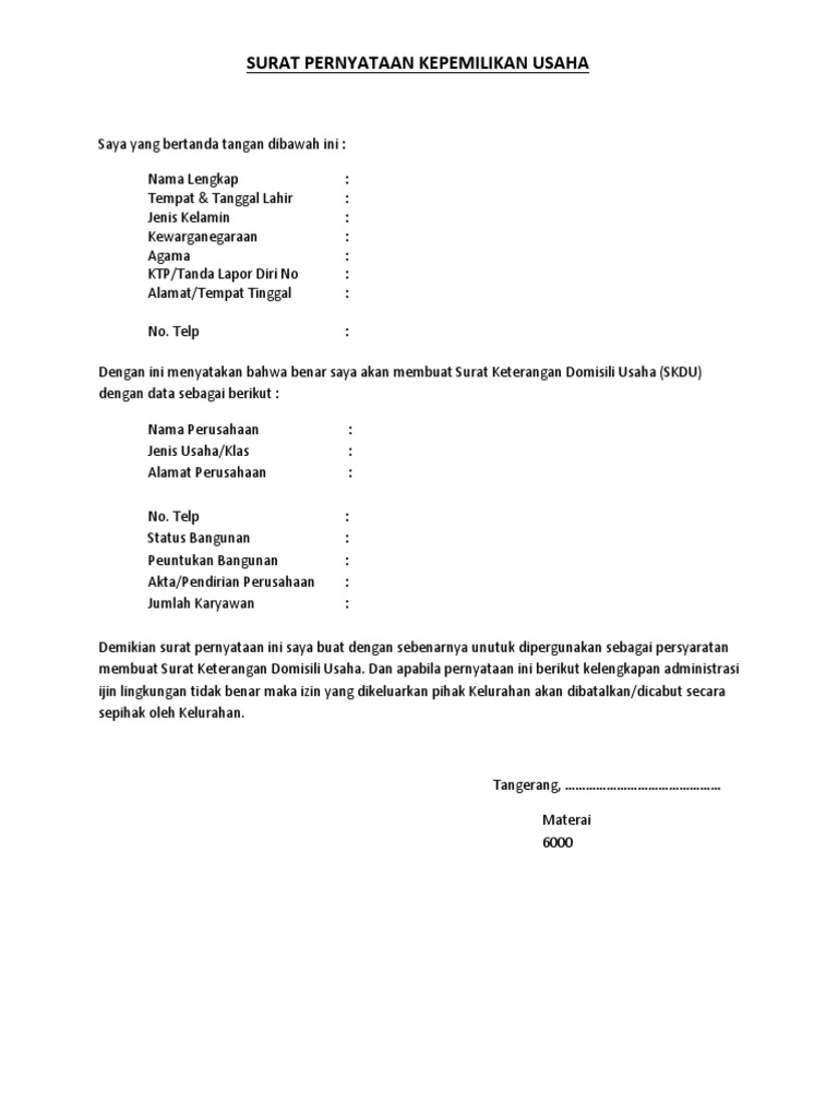 Surat Pernyataan Kepemilikan Usaha