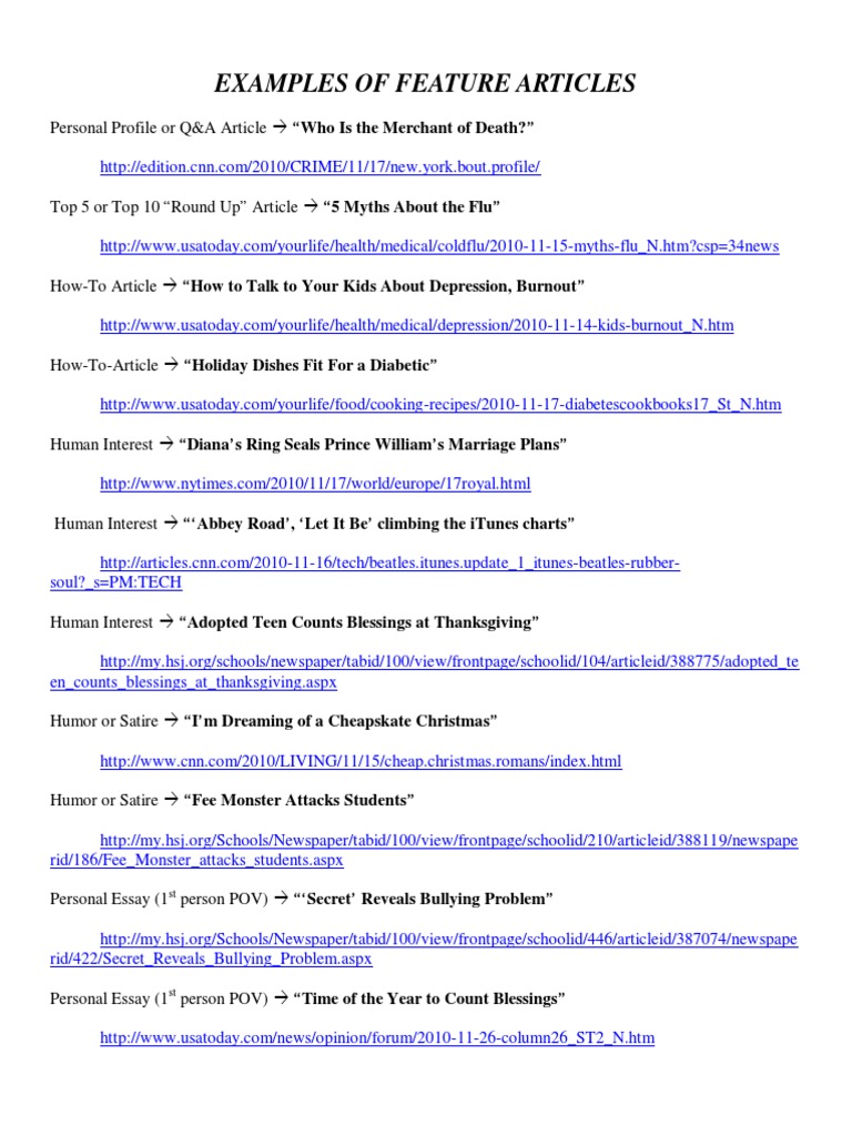 Examples Of Different Types Of Feature Articles Pdf Pdf