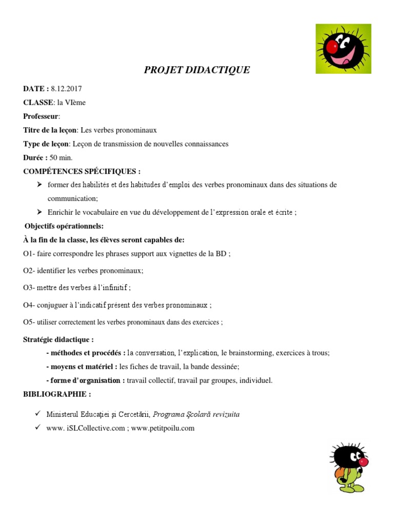 Les Verbes Pronominaux Exercices Corrigés Projet Didactique Les Verbes Pronominaux-BD | PDF | Sémiotique |  Linguistique