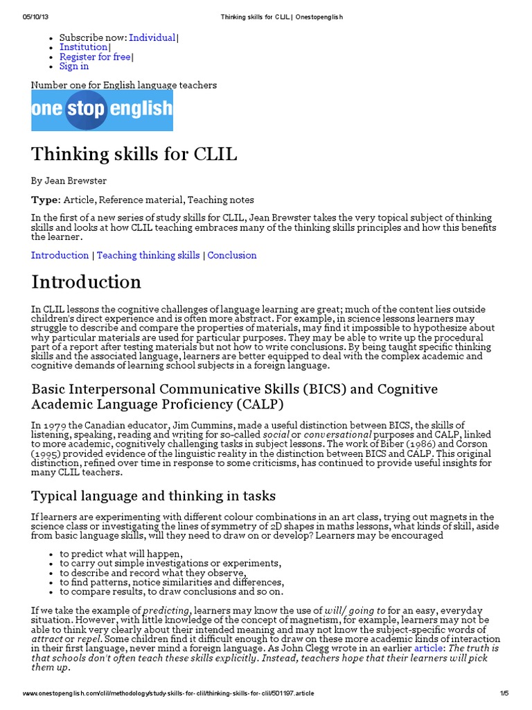 Thinking Skills For CLIL - Onestopenglish | PDF | Metacognition | Learning