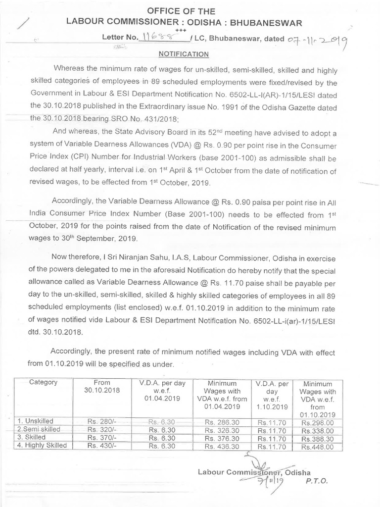 The Odisha Minimum Wages Effective 1st Oct 2019 | PDF