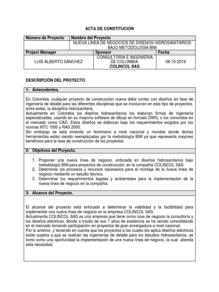Acta de Constitucion Del Proyecto 1 | PDF | Modelado de información de ...