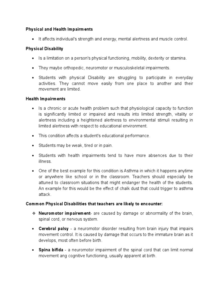 Understanding Physical and Health Impairments | PDF | Disability ...