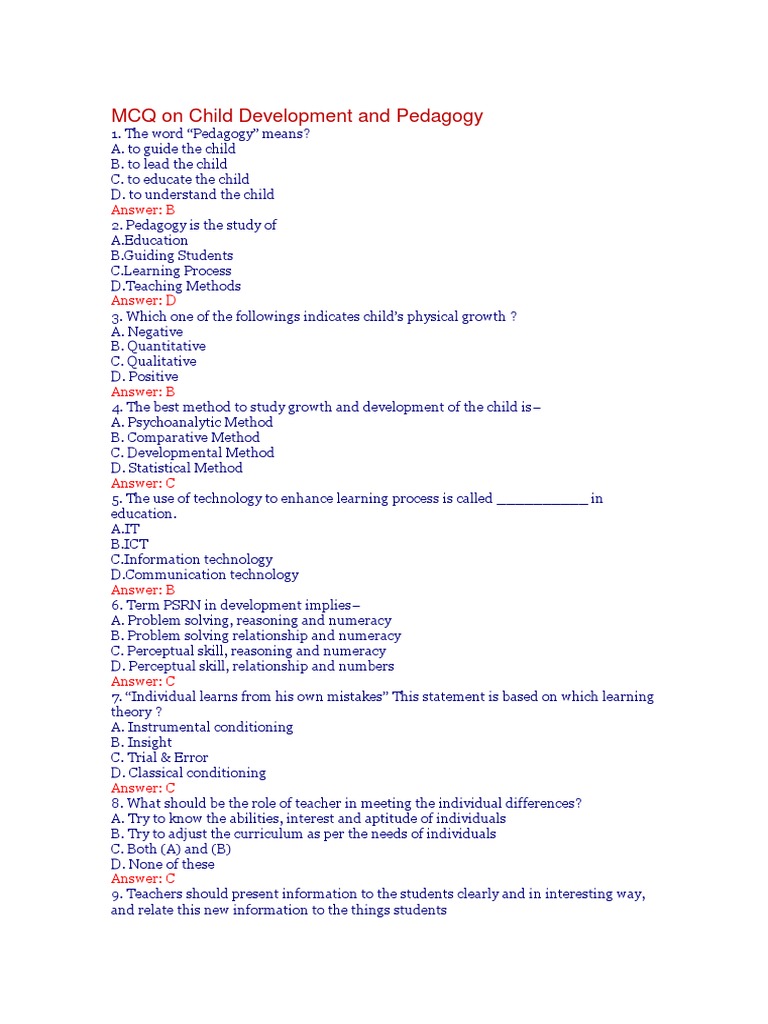 Mcqs On Child Development Pedagogy Pdf Applied Psychology