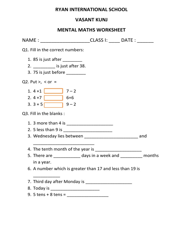 Class 1 Mental Maths Worksheet | PDF | Career & Growth