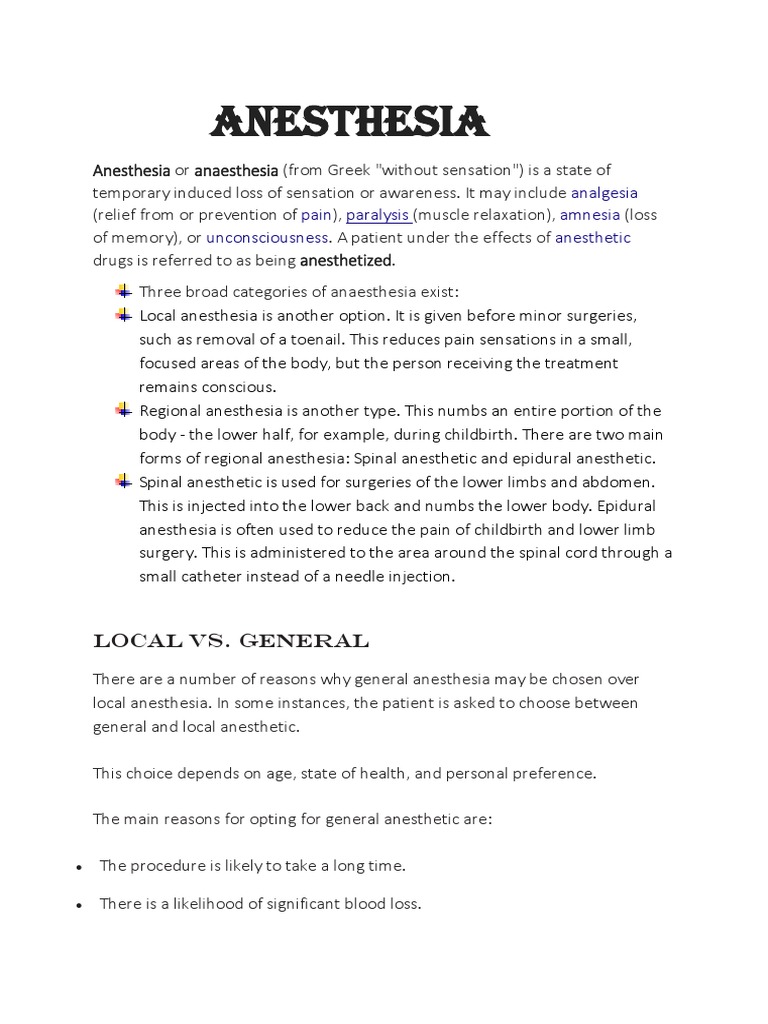 Anesthesia Analgesia Pain Paralysis Amnesia Unconsciousness Anesthetic