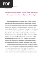 Discuss How Socio-Political Tensions in The 19th Century Europe Gave Rise To The Development of Sociology