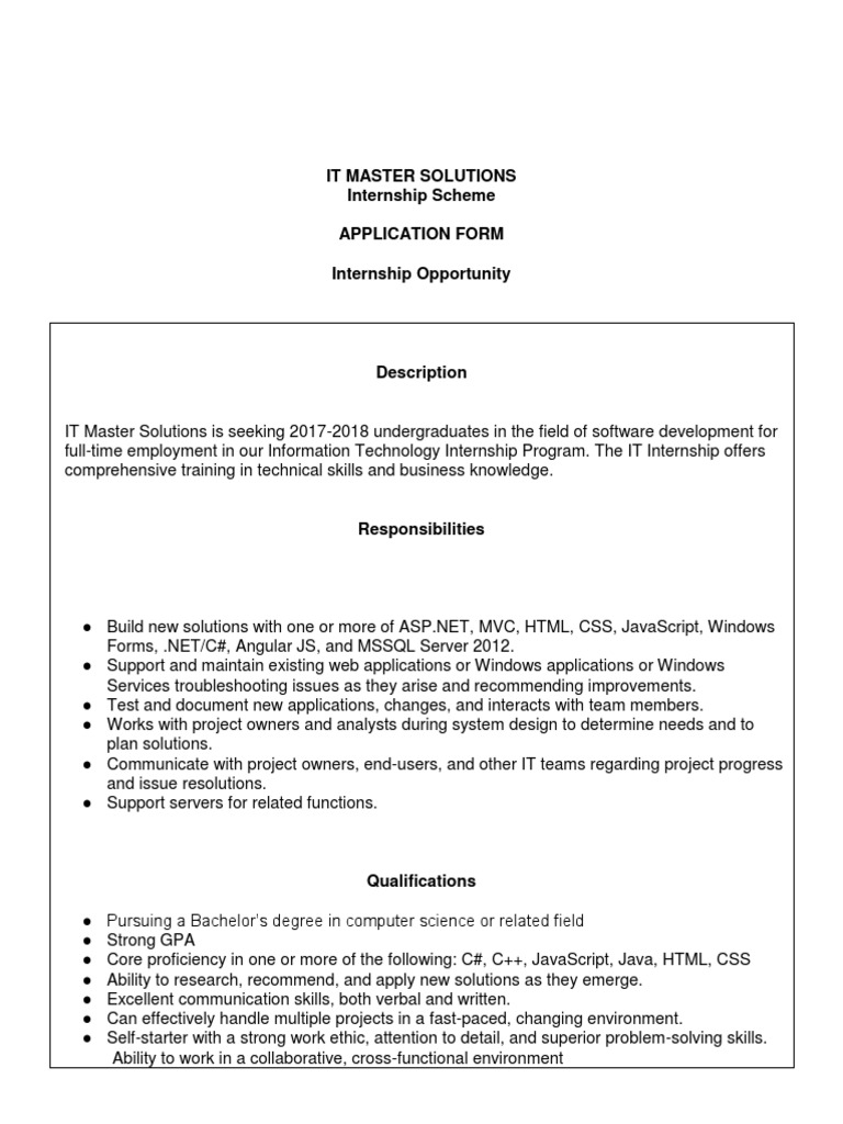 IT Internship Application Form 2017-2018 | PDF | Academic Degree | Java ...