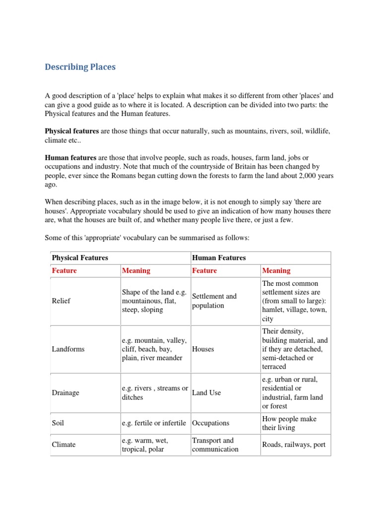 Describing Places: Key Features Explained | PDF | Wedding | Tourism