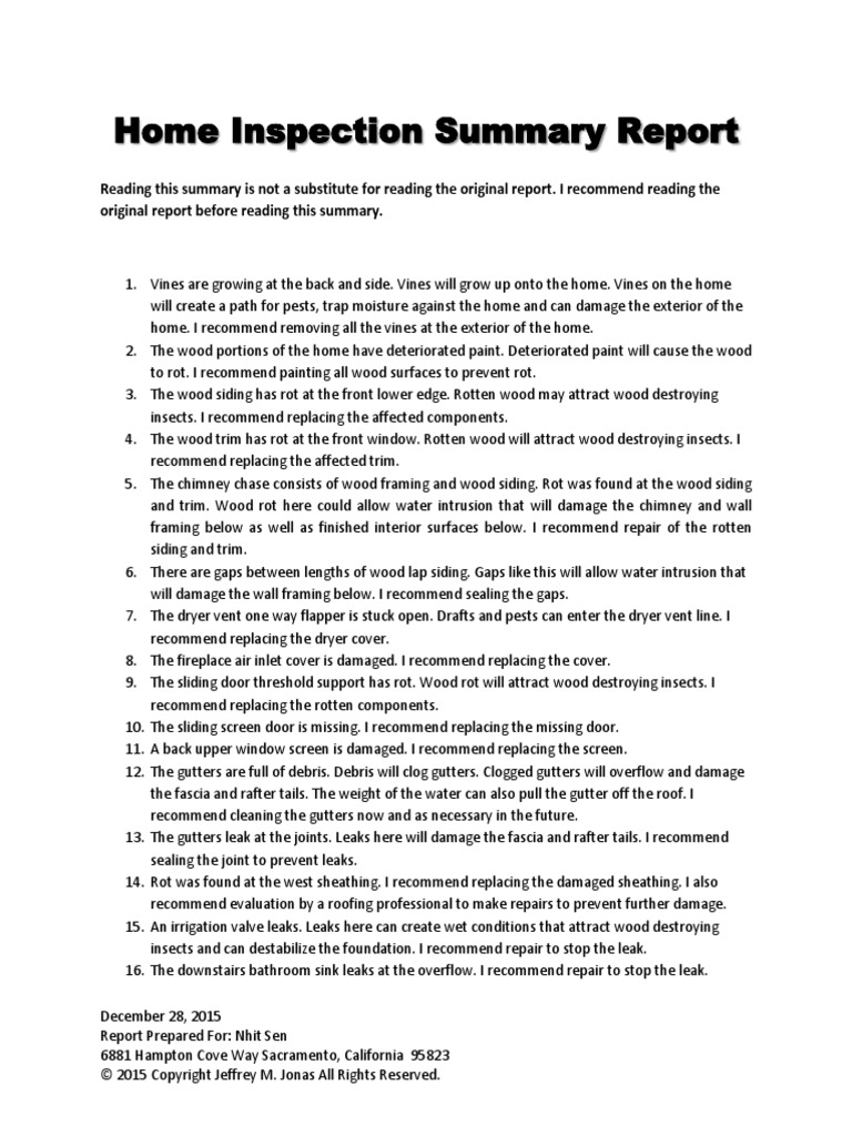 Home Inspection Summary Report PDF Hvac Water Heating