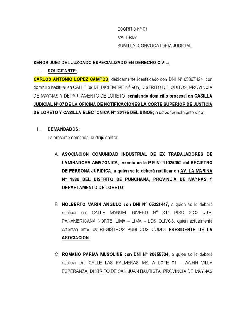 Demanda Judicial - Convocatoria Judicial A Asamblea - Lasa - Civil | PDF |  Exclusión social | Información del gobierno