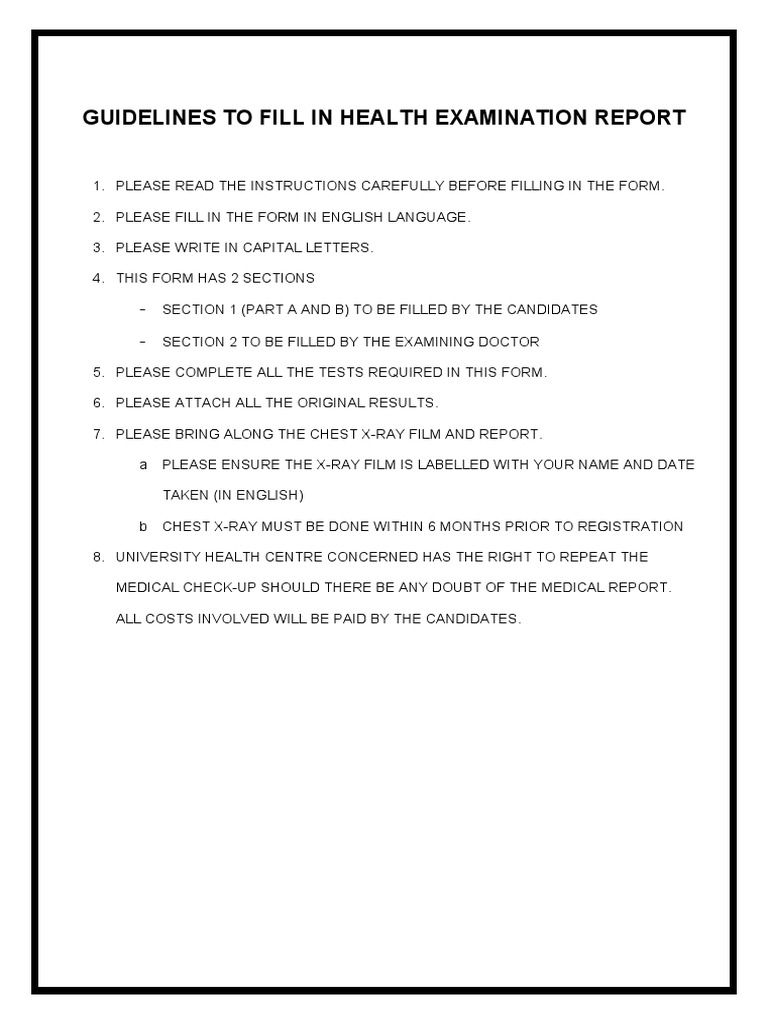Guidelines To Fill in Health Examination Report PDF Physical