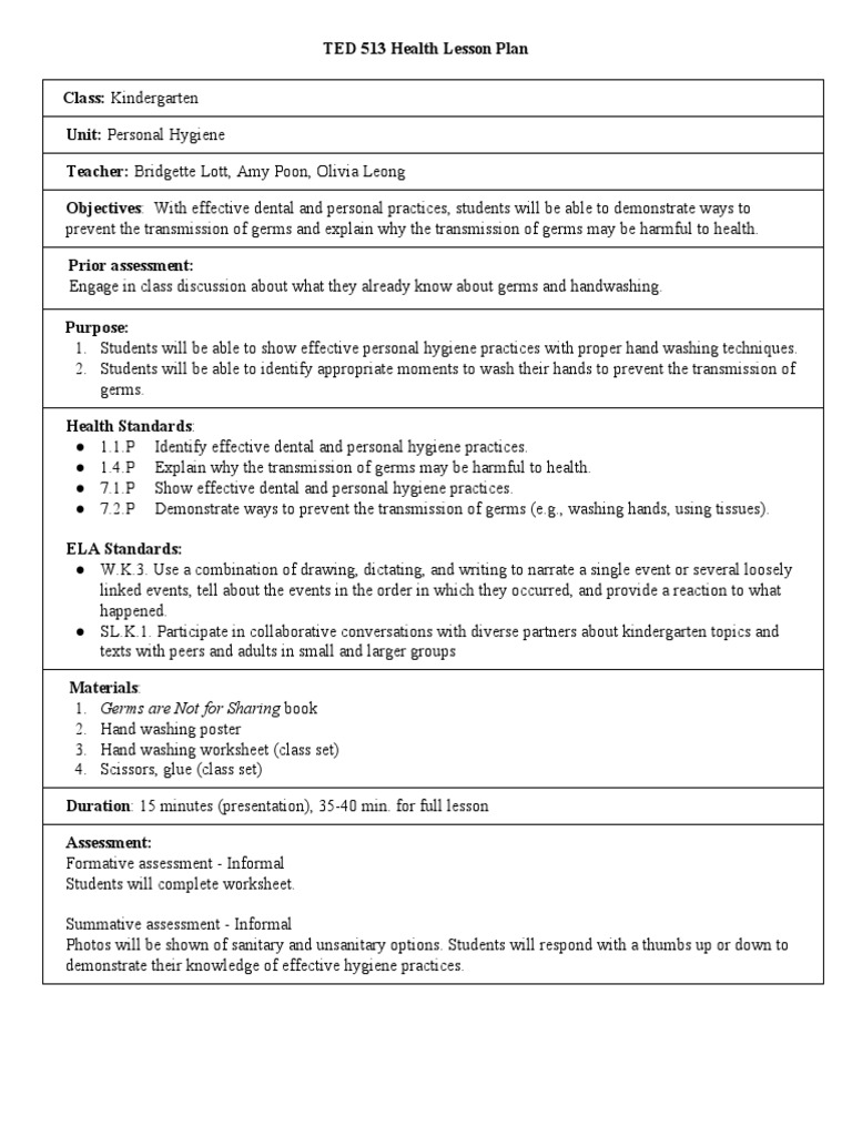 Ted 513 Health Lesson Plan Hand Washing Hygiene