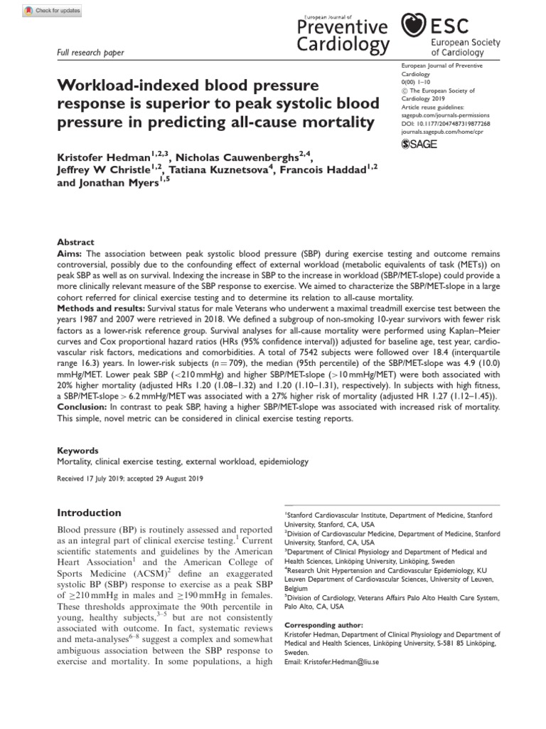 WorkloadIndexed Blood Pressure Response Is Superior To Peak Systolic