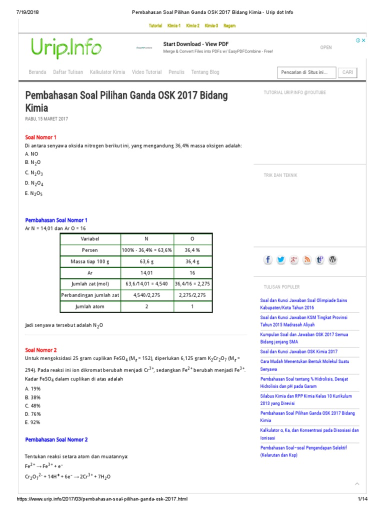 7 19 2018 Pembahasan Soal Pilihan Ganda Osk 2017 Bidang Kimia Urip Dot Info