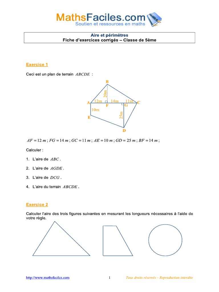 Exercices Corrigés Aires Et Périmètres 5ème Pdf Aire, Périmètre - Exercices Corrigés 5ème | PDF