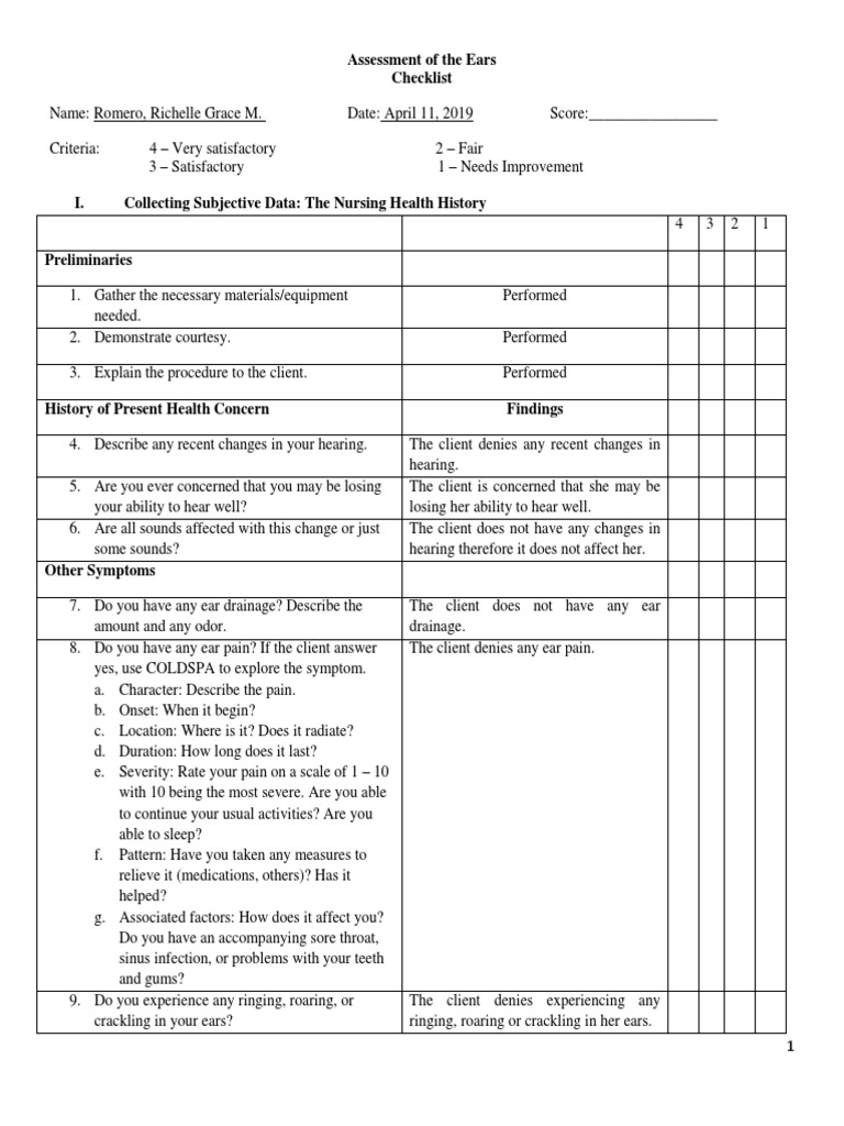 Ear Assessment Checklist Chinny PDF Ear Hearing Loss