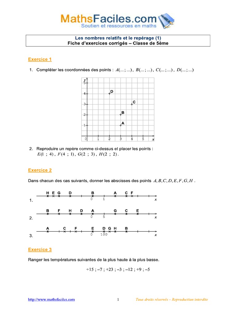 Placer Des Fractions Sur Une Droite Graduée Exercices Corrigés Les Nombres Relatifs Et Le Repérage (1) - Exercices Corrigés 5ème | PDF